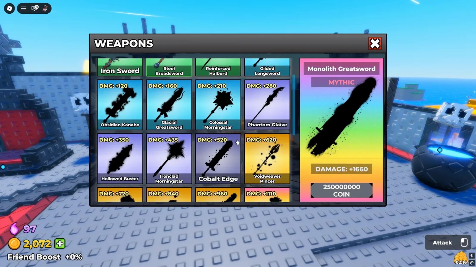 Be The Final Boss Weapons shop listing swords up to the Mythic Monolith Greatsword with coin costs and damage bonuses