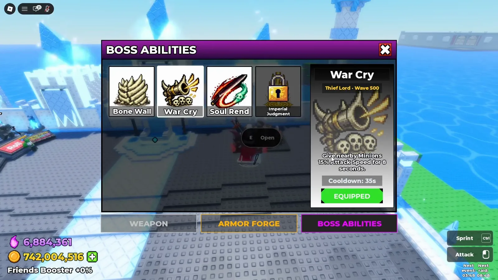 Be The Final Boss BOSS ABILITIES menu with War Cry equipped showing 15 percent attack speed for 8 seconds on a 35 second cooldown after the wave 500 unlock