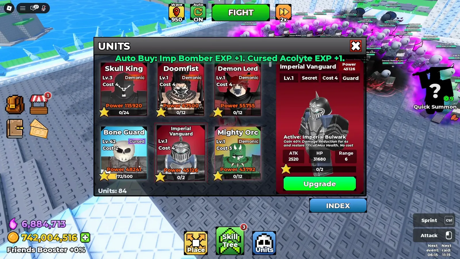 Be The Final Boss UNITS menu with the Imperial Vanguard Secret guard card and its Imperial Bulwark damage reduction active shown next to Doomfist and Demon Lord