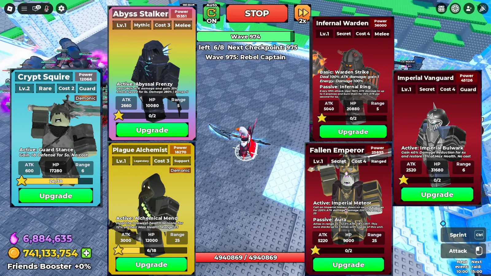 Be The Final Boss all six new units on one screen with the Crypt Squire, Abyss Stalker, Plague Alchemist, Infernal Warden, Fallen Emperor, and Imperial Vanguard cards above the wave 974 HUD