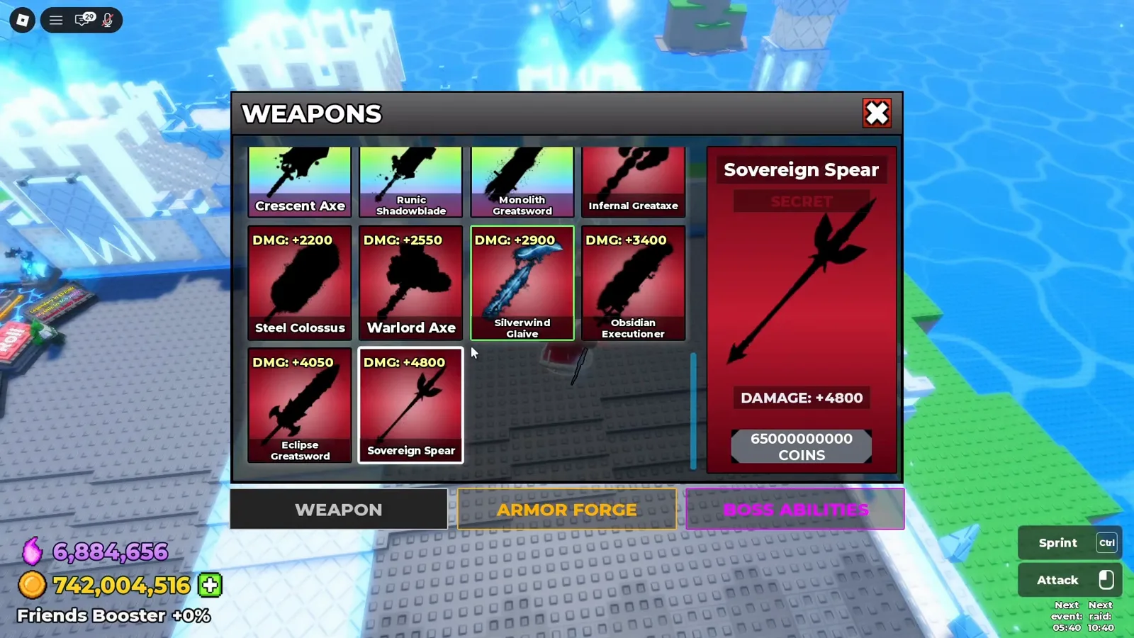 Be The Final Boss WEAPONS shop with the Secret rarity Sovereign Spear selected showing 4800 damage and its 65000000000 coin price next to the Eclipse Greatsword