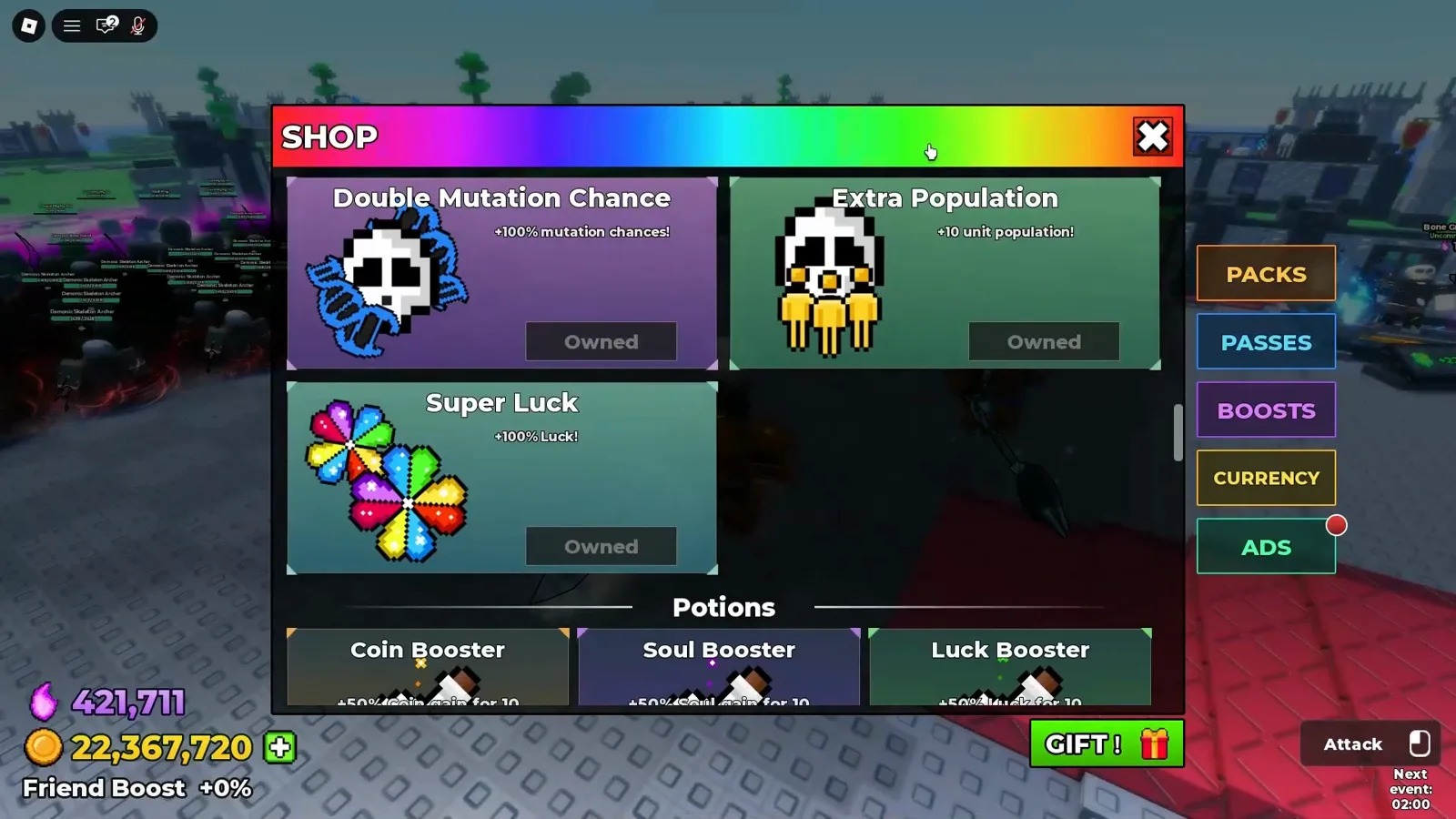 Be The Final Boss shop BOOSTS tab Extra Population row described as 10 unit population and marked Owned