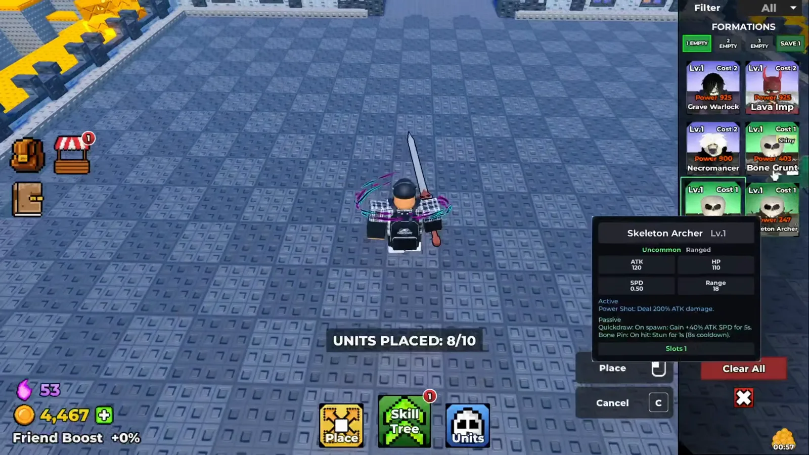 Be The Final Boss Skeleton Archer Lv.1 tooltip ending in Slots 1 while the UNITS PLACED counter reads 8/10