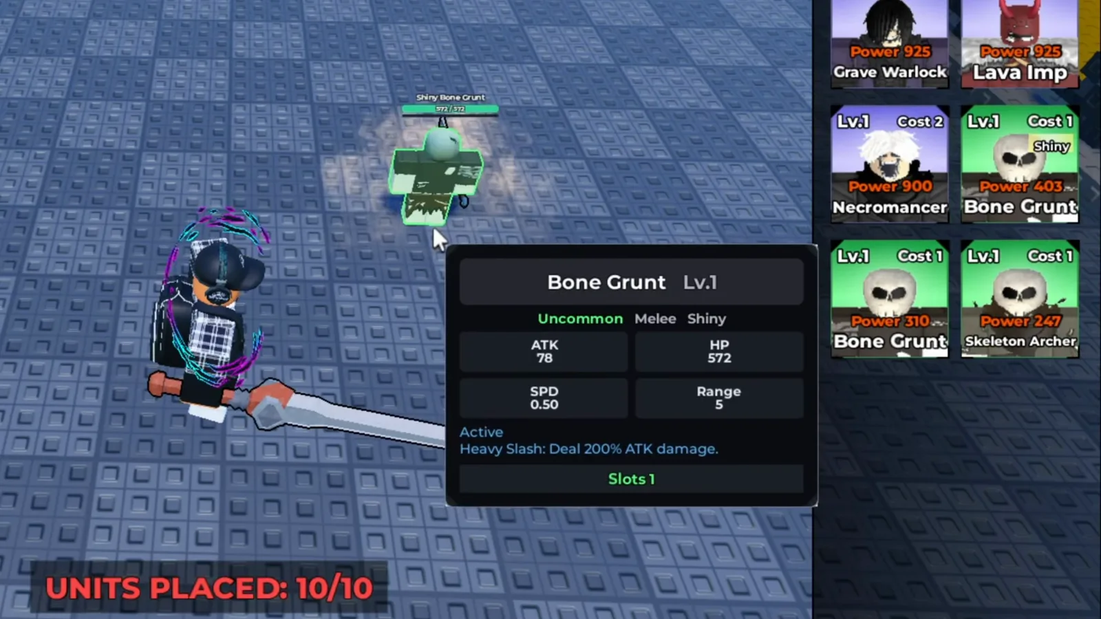 Be The Final Boss UNITS PLACED 10/10 counter rendered in red at the placement cap with a Bone Grunt tooltip open