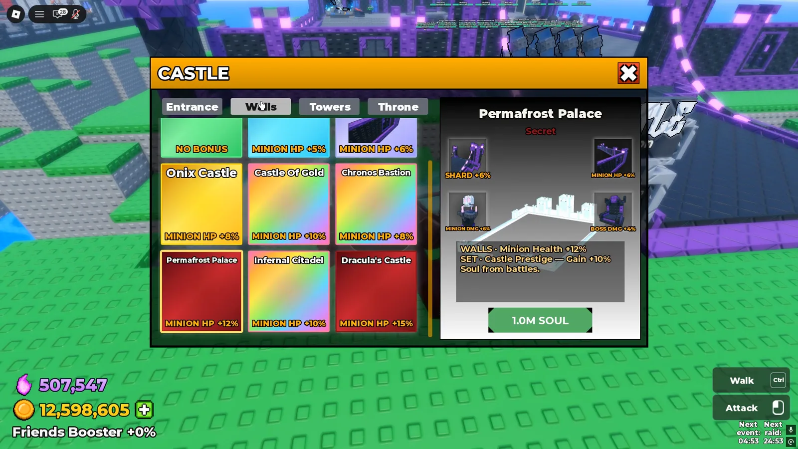 Be The Final Boss Castle shop with Permafrost Palace selected for minion HP and soul gain bonuses