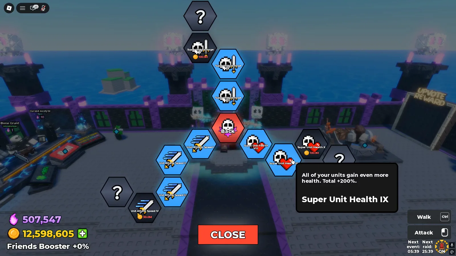Be The Final Boss skill tree highlighting Unit Attack Speed and Super Unit Health nodes for high-wave scaling