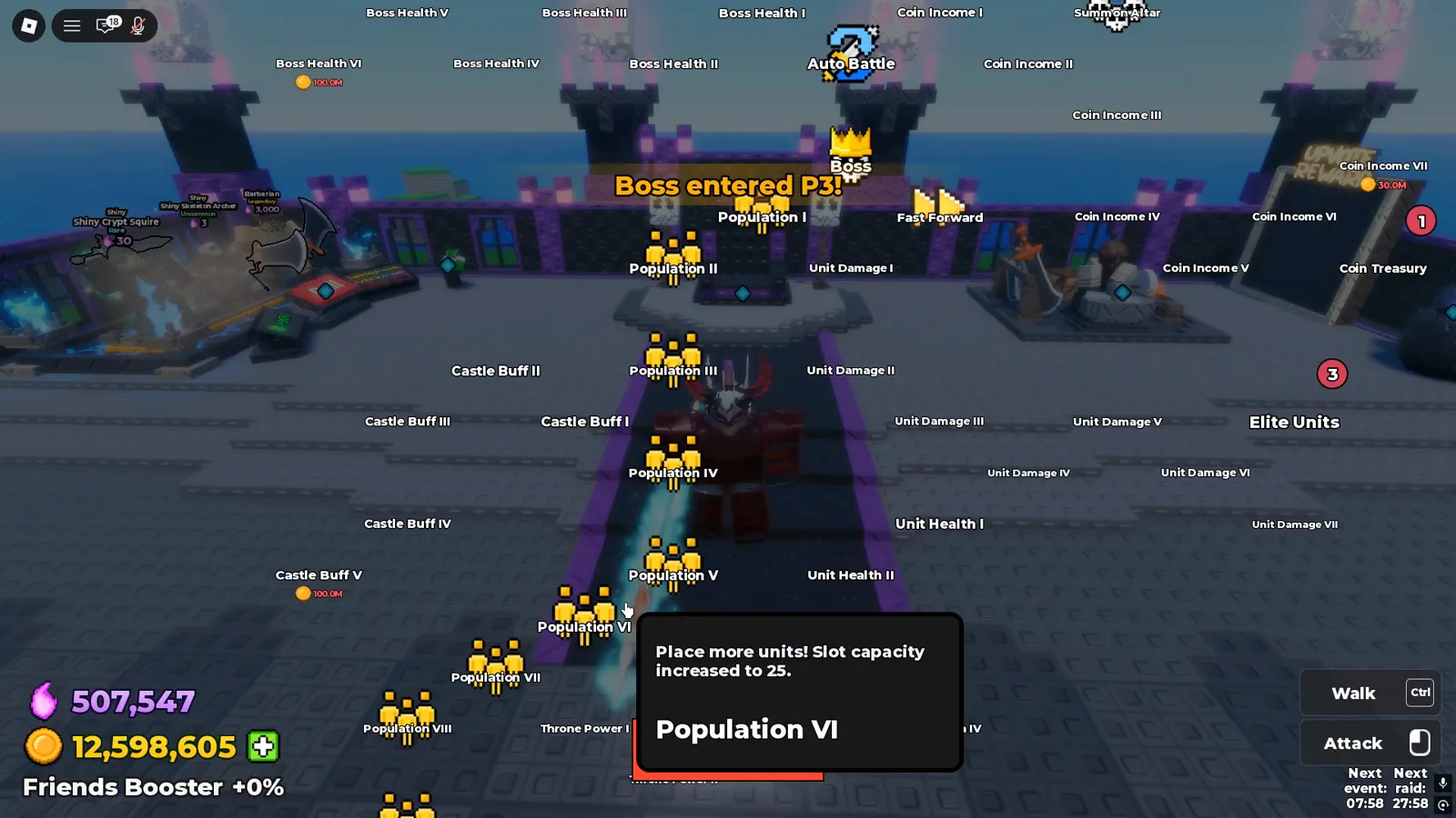 Be The Final Boss skill tree Population branch with Population VI selected to raise the unit slot cap for harder waves