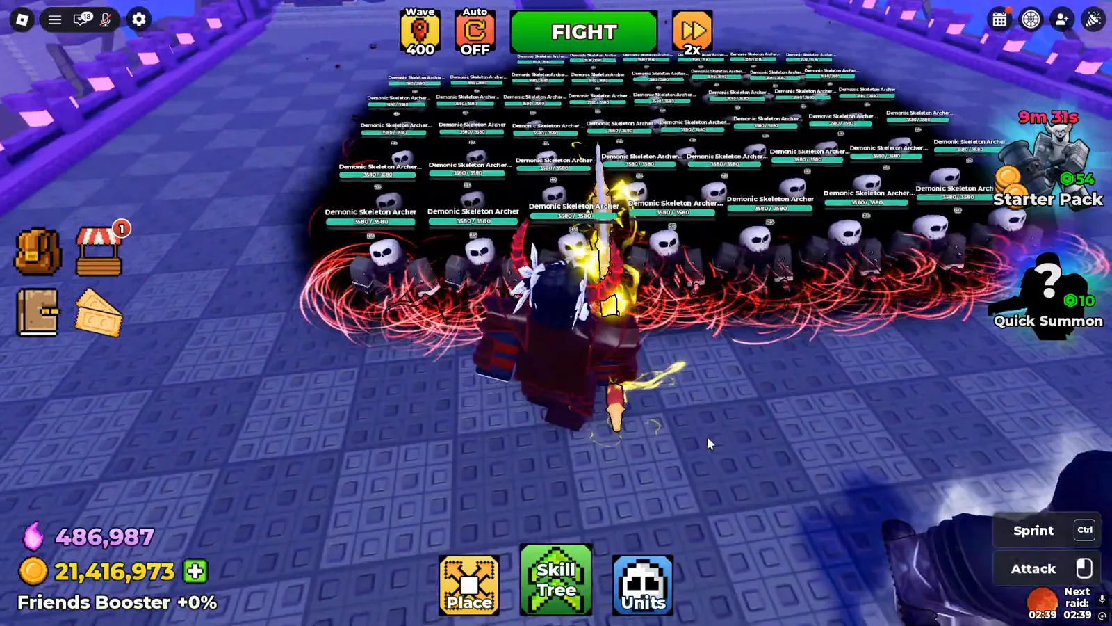 Be The Final Boss Skull King tanking in front of Demonic Skeleton Archer rows to absorb hero damage at high waves