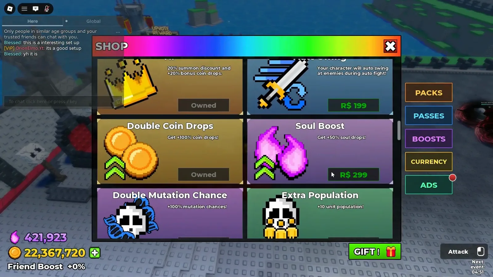Be The Final Boss auto swing pass card showing R$ 199 later in the same shop session with the crown pass already Owned
