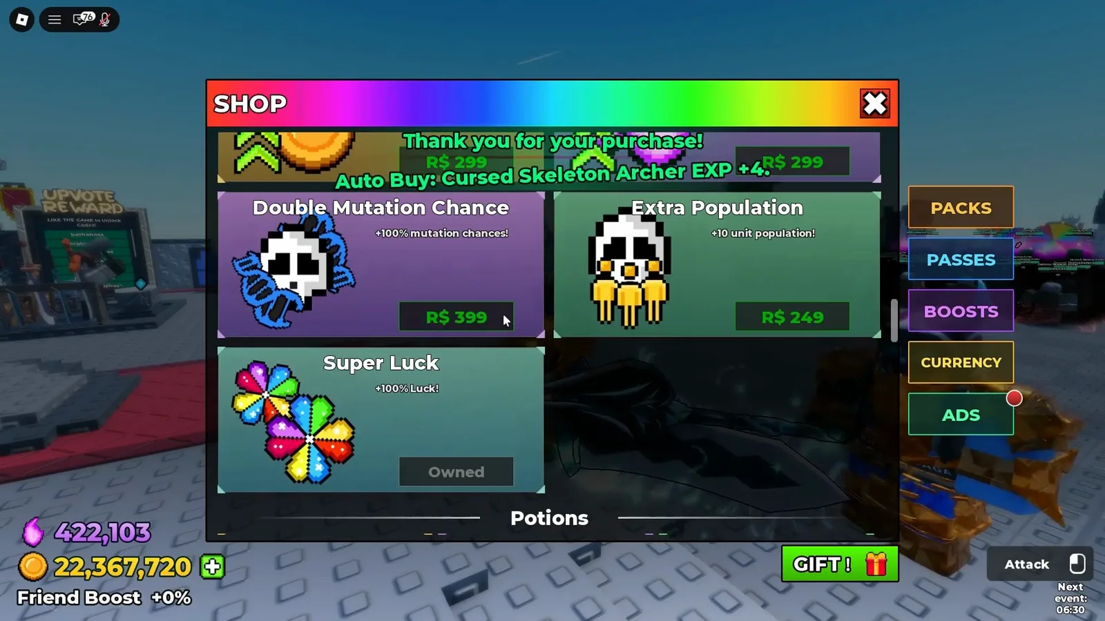Be The Final Boss boost rows where Double Mutation Chance costs R$ 399 and Extra Population R$ 249 while Super Luck reads Owned