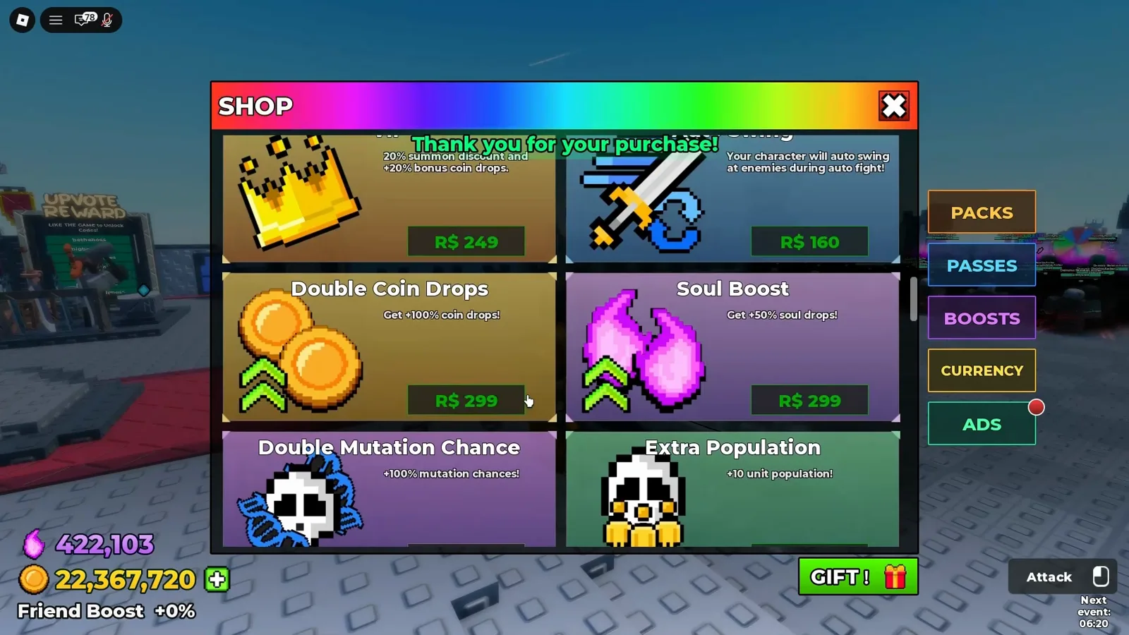 Be The Final Boss shop Passes rows under a thank-you banner where the crown pass costs R$ 249 and the auto swing card R$ 160