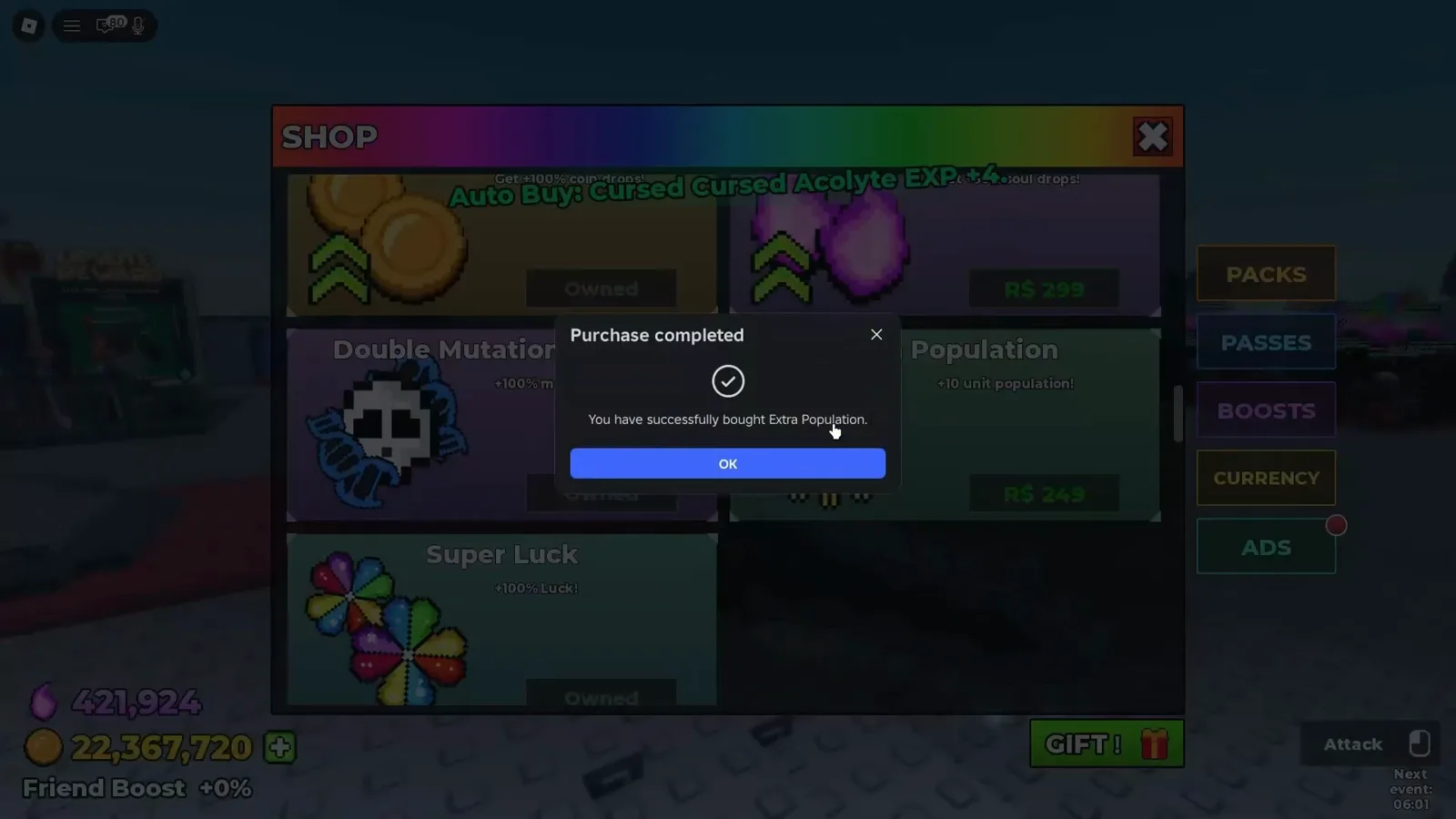 Be The Final Boss Purchase completed dialog naming Extra Population while its R$ 249 price stays on the dimmed row behind