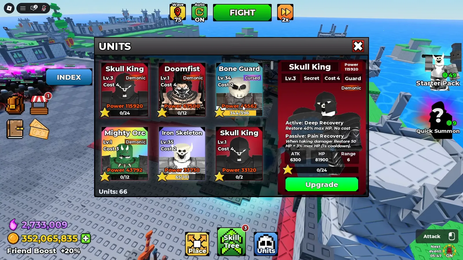 Be The Final Boss UNITS menu with the level 3 Demonic Skull King Secret card open showing 6300 ATK, 81900 HP, and the Deep Recovery healing active