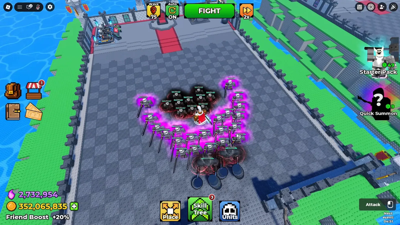Be The Final Boss wave-pushing lineup with two dark Demonic Skull King tanks front and center of a semicircle of purple mutated skeleton units