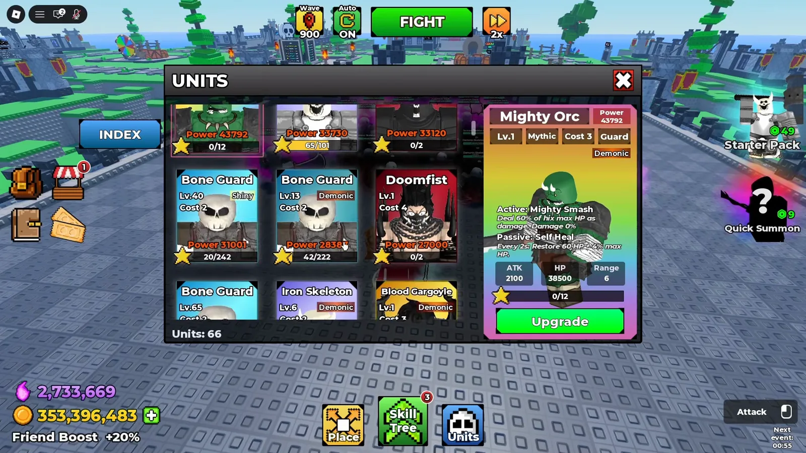 Be The Final Boss Demonic Mighty Orc unit card with its Mighty Smash active and Self Heal passive shown as a cheaper tank alternative before wave 400