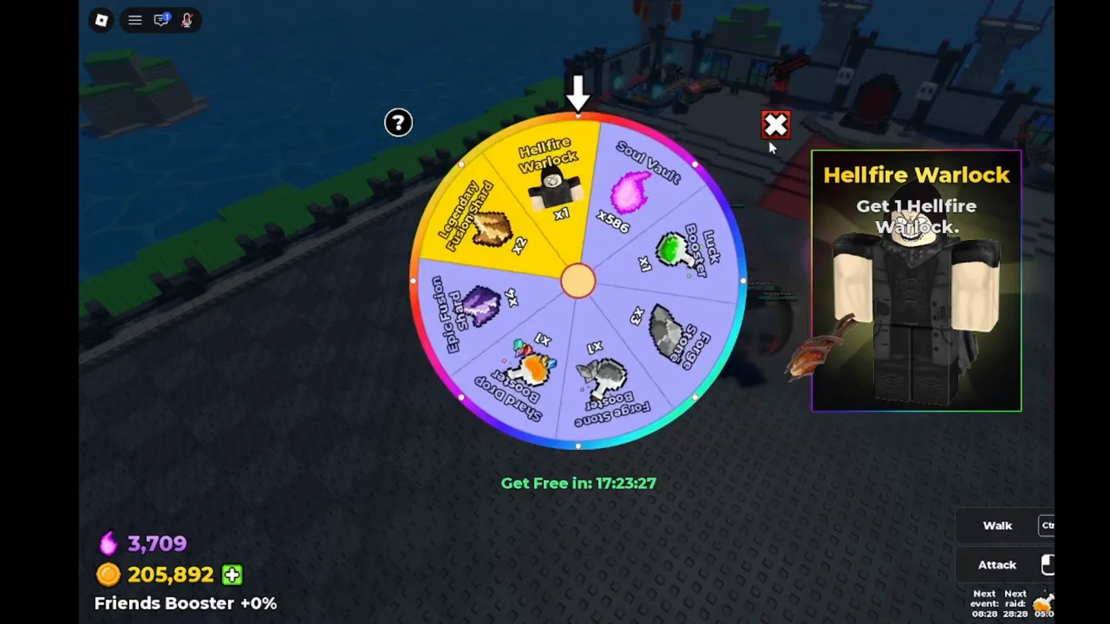 Be The Final Boss spin wheel turning with all eight prize segments visible from Hellfire Warlock x1 and Soul Vault x586 around to Legendary Fusion Shard x2