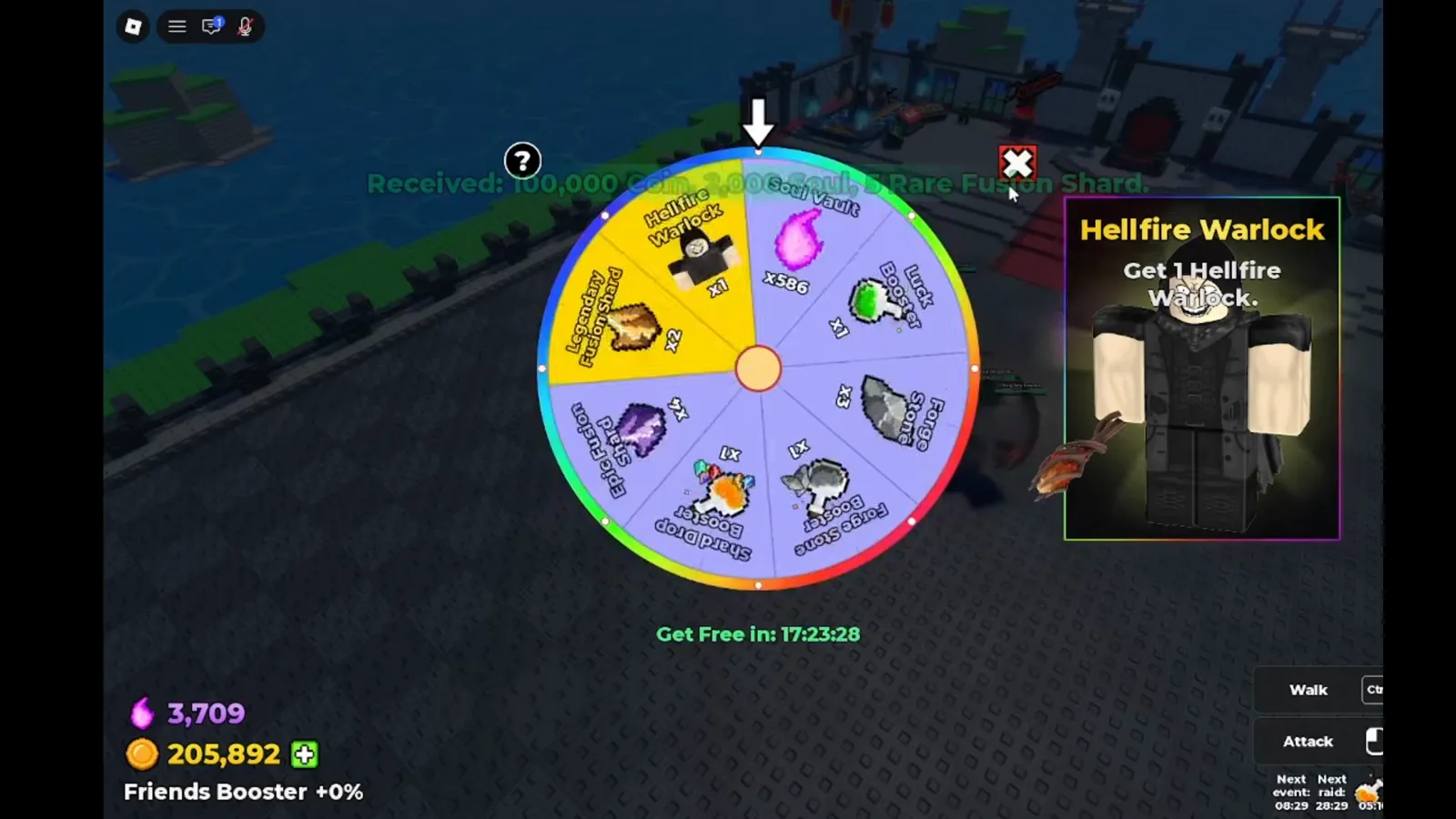 Be The Final Boss spin wheel mid-rotation with the magenta Soul Vault x586 segment legible while the free spin timer reads Get Free in 17:23:28
