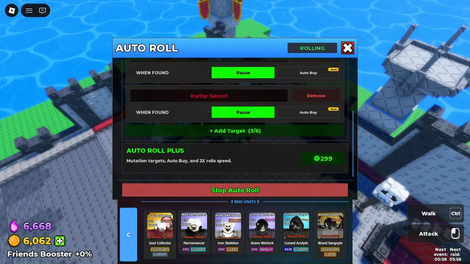 Be The Final Boss Auto Roll settings panel with When Found Pause and Auto-Roll toggles, two rarity targets and the R$ 299 Auto Roll Plus upgrade