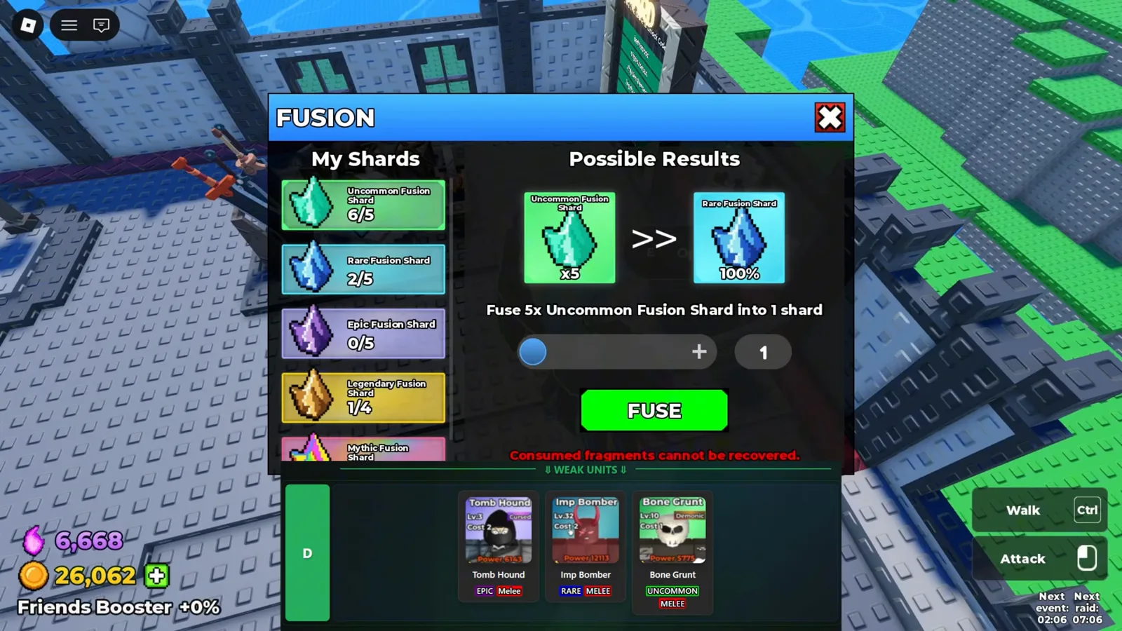 Be The Final Boss Fusion panel listing My Shards by rarity with the Fuse 5x Uncommon Fusion Shard conversion and the FUSE button