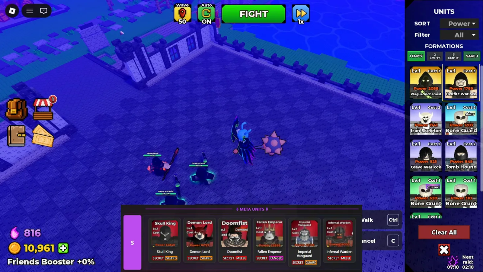 Be The Final Boss unit inventory with SORT set to Power, Filter set to All and the Formations tabs above the owned unit cards