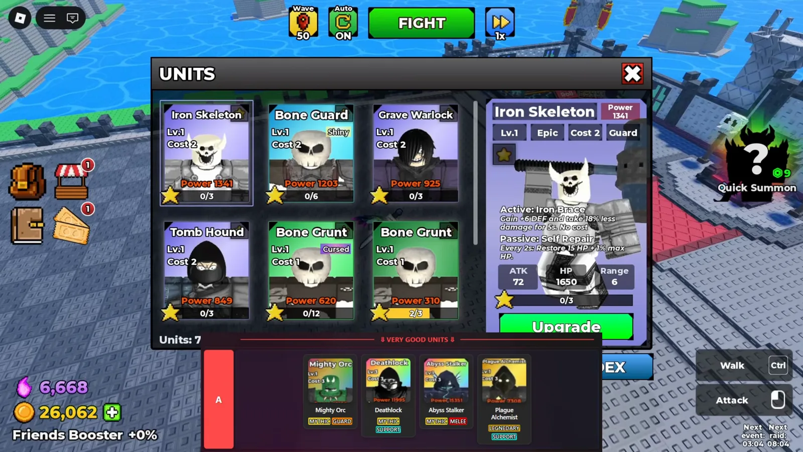 Be The Final Boss UNITS panel with the Iron Skeleton detail card open showing Tank melee stats, a Fusion tab and the Upgrade button
