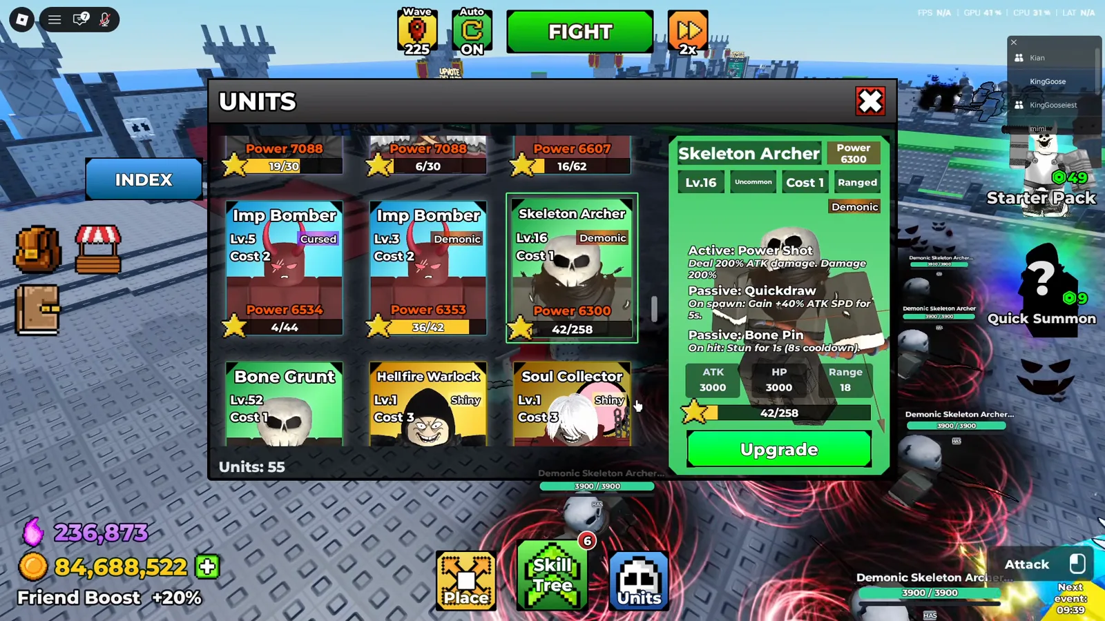 Be The Final Boss Skeleton Archer stat card at level 16 showing 3000 ATK, 3000 HP, and Cost 1 population as the best damage per slot in the game