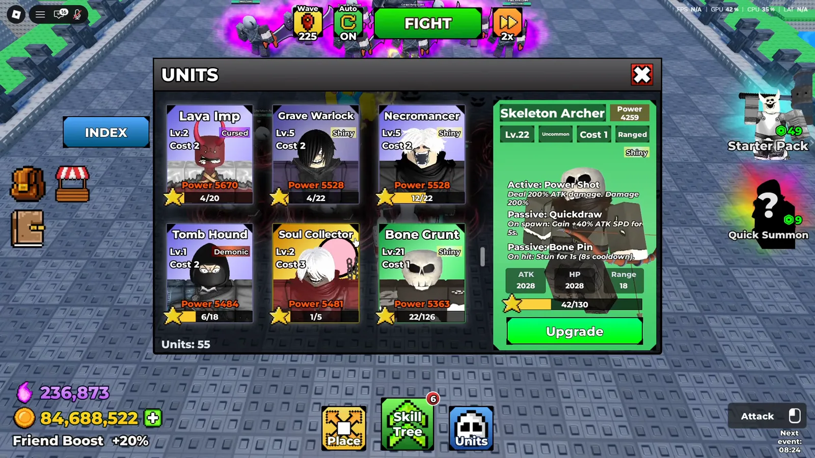 Be The Final Boss Shiny Skeleton Archer upgrade panel at level 22 with the star progress bar at 42 of 130 and the green Upgrade button for Fusion Shards