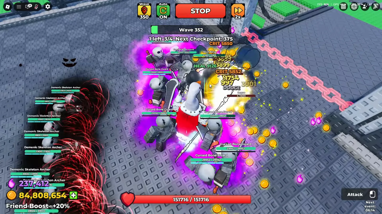 Be The Final Boss wave 352 push with a Skull King frontline ringed by Cursed Bone Guards while Demonic Skeleton Archers hold the back line with full health bars