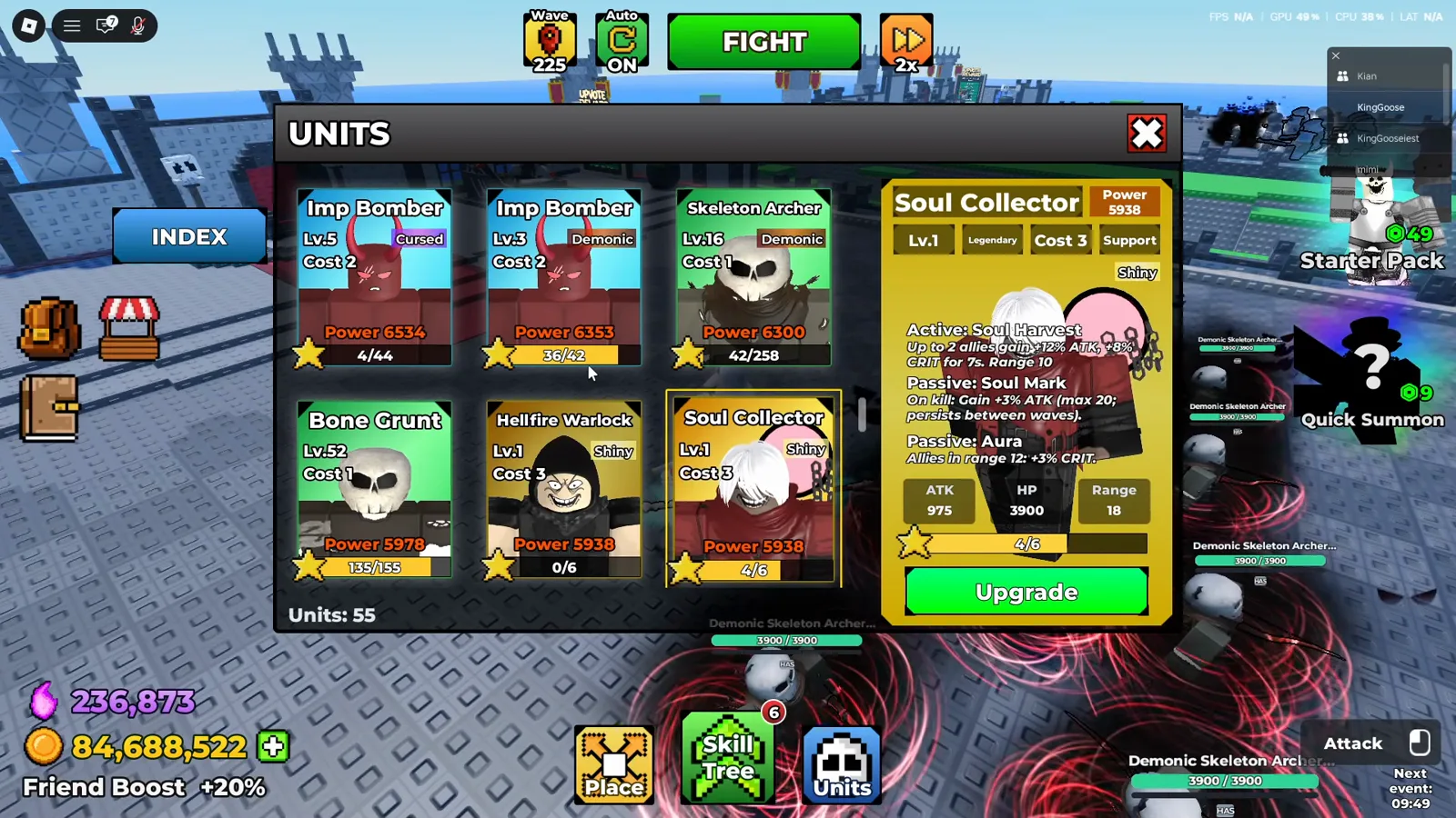 Be The Final Boss UNITS menu with the Soul Collector card open at level 1 showing 975 ATK and Cost 3, the popular support unit this guide says to skip