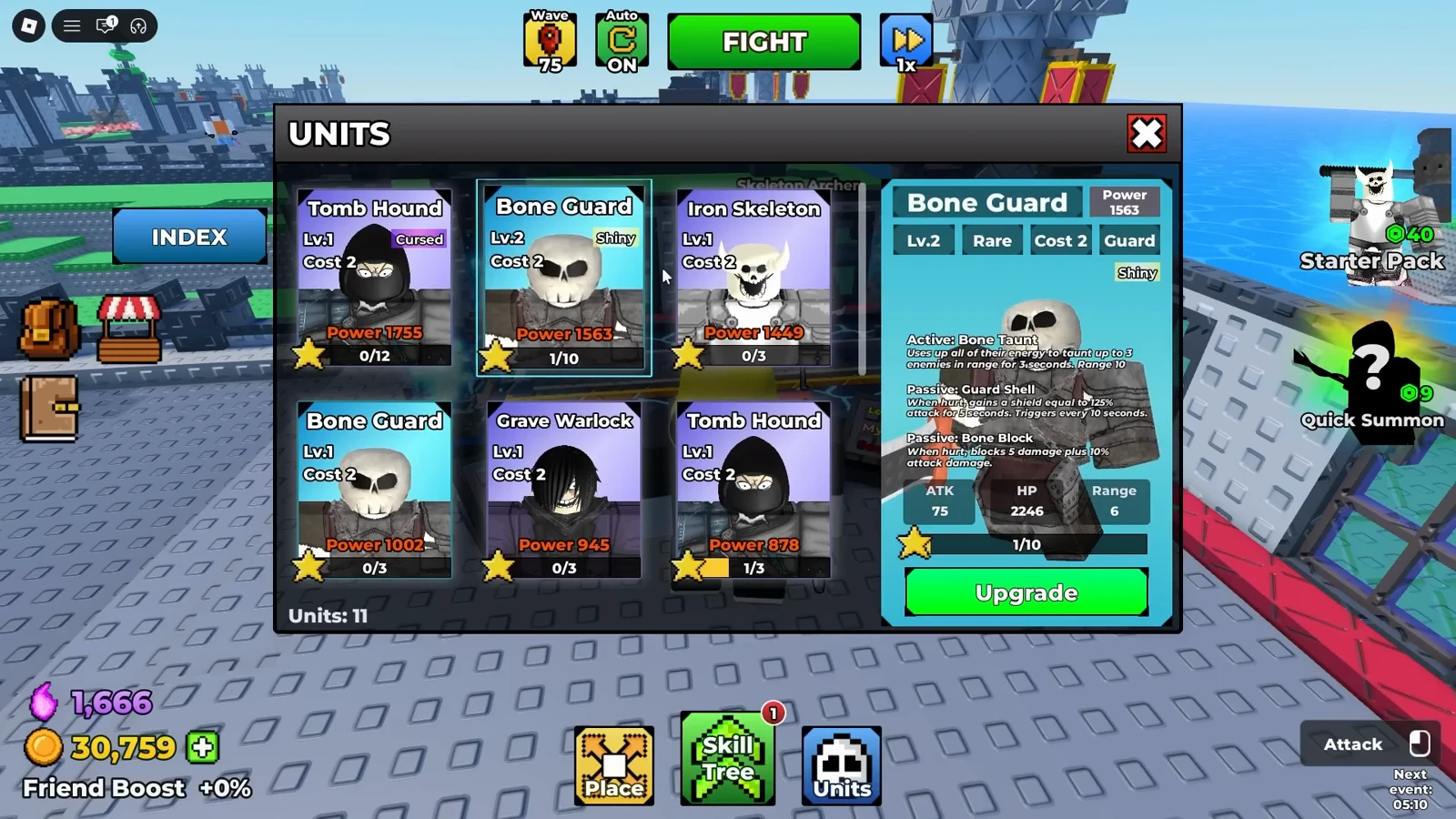 Be The Final Boss UNITS roster seconds after a shard upgrade where the Bone Guard card reads Lv.2 with a 1/10 star counter while a second Bone Guard stays at Lv.1 with 0/3 Be The Final Boss UNITS roster seconds after a shard upgrade where the Bone Guard card reads Lv.2 with a 1/10 star counter while a second Bone Guard stays at Lv.1 with 0/3
