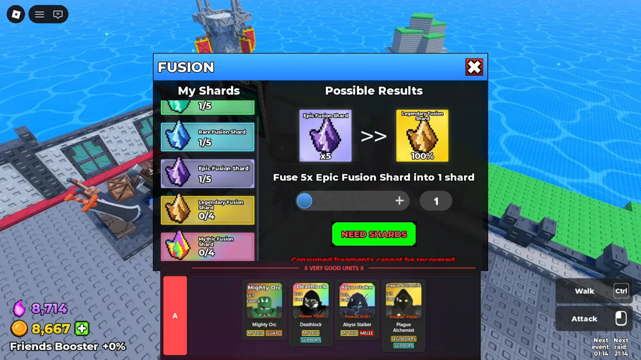 Be The Final Boss FUSION panel in Update 6 converting 5 Epic Fusion Shards into 1 Legendary Fusion Shard at 100 percent while the Legendary and Mythic rows ask for only 4 Be The Final Boss FUSION panel in Update 6 converting 5 Epic Fusion Shards into 1 Legendary Fusion Shard at 100 percent while the Legendary and Mythic rows ask for only 4