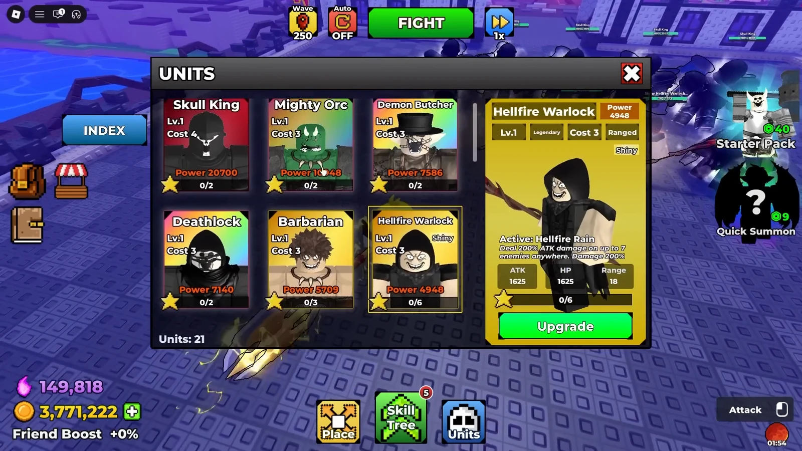 Be The Final Boss UNITS panel with the INDEX button and per-unit star counters such as Skull King 0/2, Barbarian 0/3 and Hellfire Warlock 0/6 above each Upgrade button Be The Final Boss UNITS panel with the INDEX button and per-unit star counters such as Skull King 0/2, Barbarian 0/3 and Hellfire Warlock 0/6 above each Upgrade button