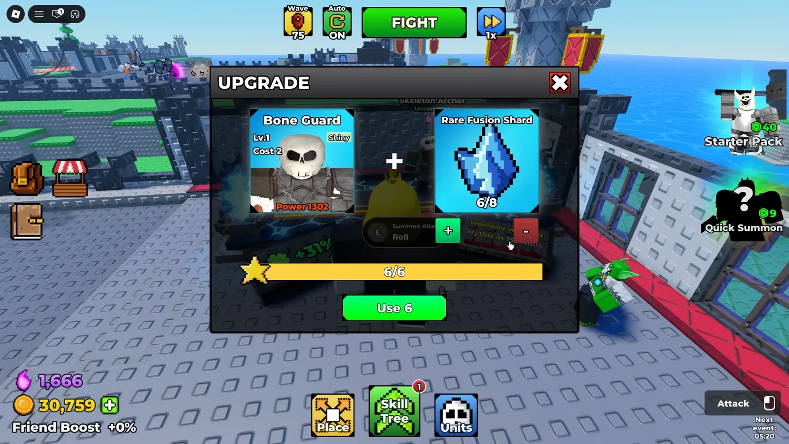 Be The Final Boss shard stepper inside the upgrade screen with plus and minus controls loaded to 6 of the 8 Fusion Shards owned, its meter filled six out of six and a green Use 6 confirm control replacing the blocked Need Shards state Be The Final Boss shard stepper inside the upgrade screen with plus and minus controls loaded to 6 of the 8 Fusion Shards owned, its meter filled six out of six and a green Use 6 confirm control replacing the blocked Need Shards state