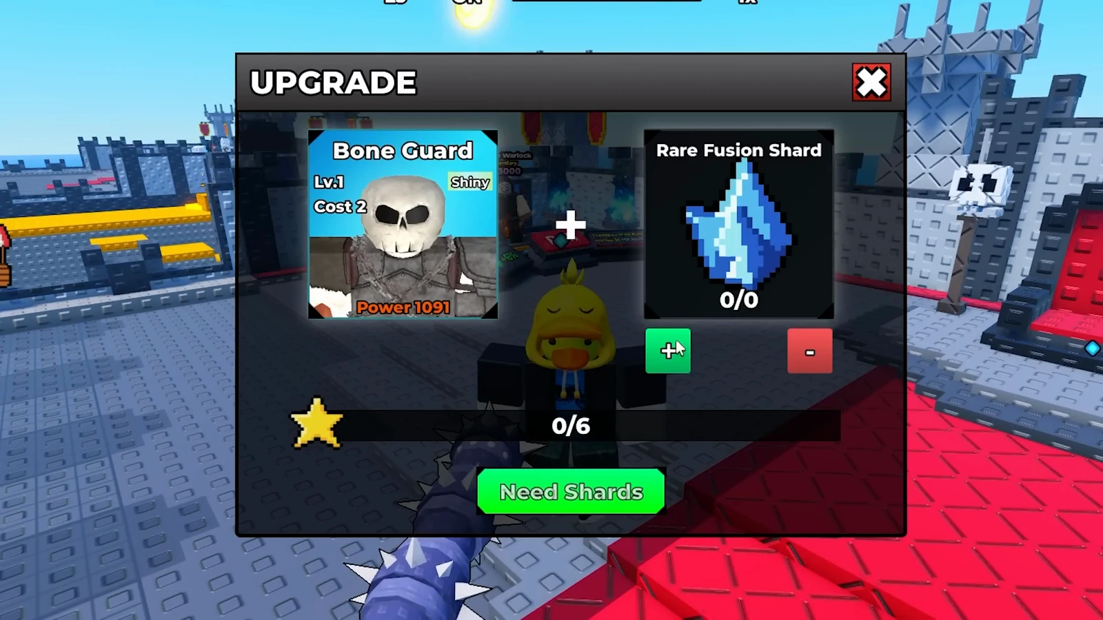 Be The Final Boss UPGRADE window for a Shiny Bone Guard Lv.1 showing the Need Shards button because the star bar asks for 6 Rare Fusion Shards and the player holds none Be The Final Boss UPGRADE window for a Shiny Bone Guard Lv.1 showing the Need Shards button because the star bar asks for 6 Rare Fusion Shards and the player holds none
