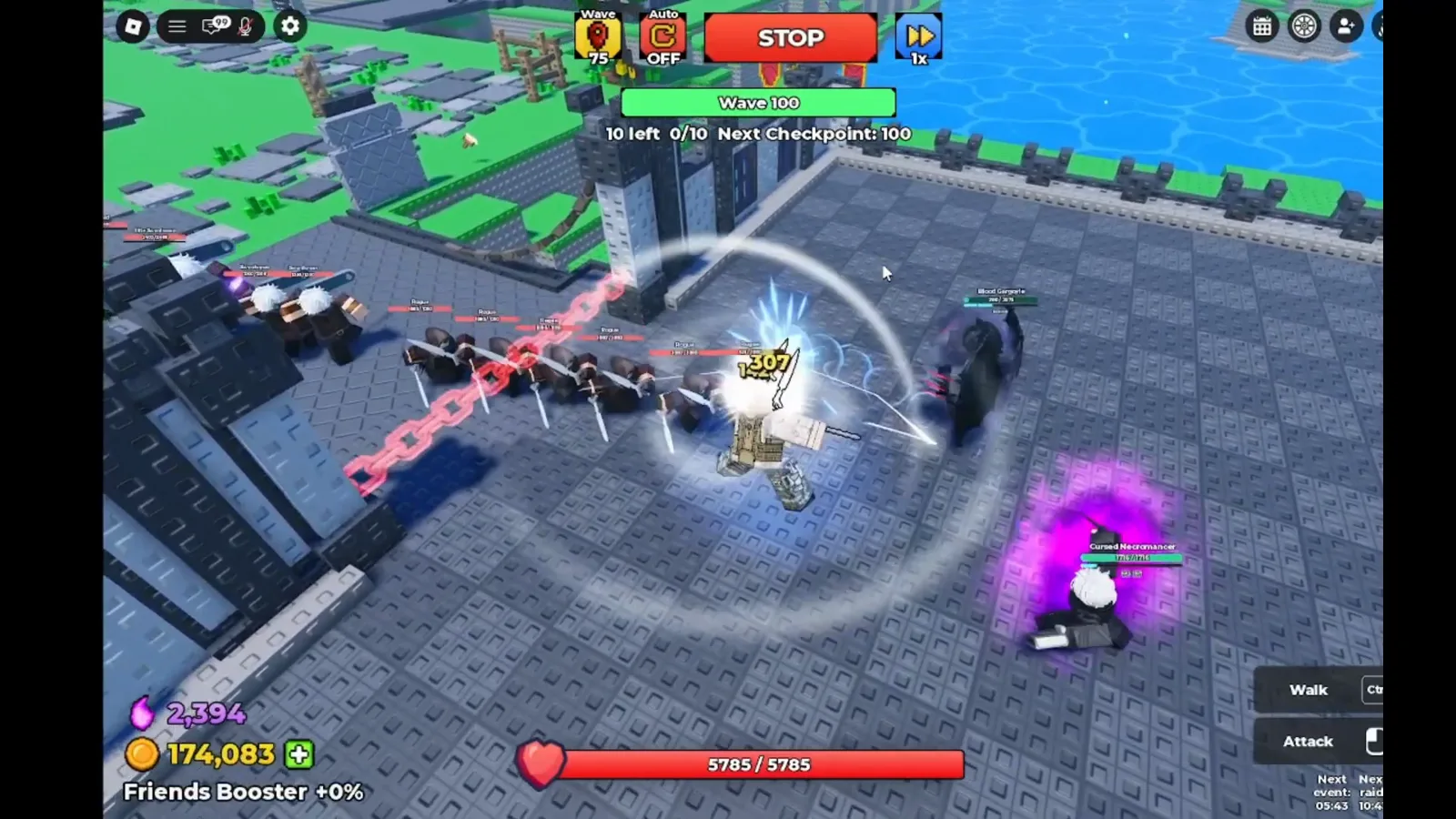 Be The Final Boss wave 100 run with the bar reading Wave 100, 10 left 0/10 Next Checkpoint: 100 and a full 5785 castle health bar Be The Final Boss wave 100 run with the bar reading Wave 100, 10 left 0/10 Next Checkpoint: 100 and a full 5785 castle health bar