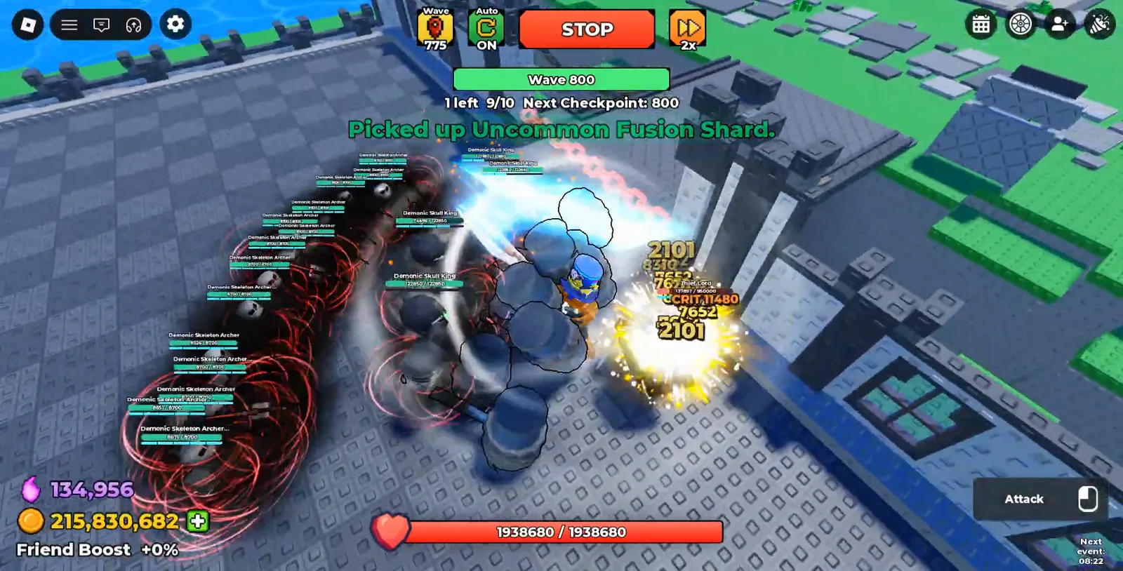 Be The Final Boss wave 800 courtyard buried under Demonic Skeleton Archer and Skull King nameplates with 2101 and CRIT 11480 damage ticks Be The Final Boss wave 800 courtyard buried under Demonic Skeleton Archer and Skull King nameplates with 2101 and CRIT 11480 damage ticks