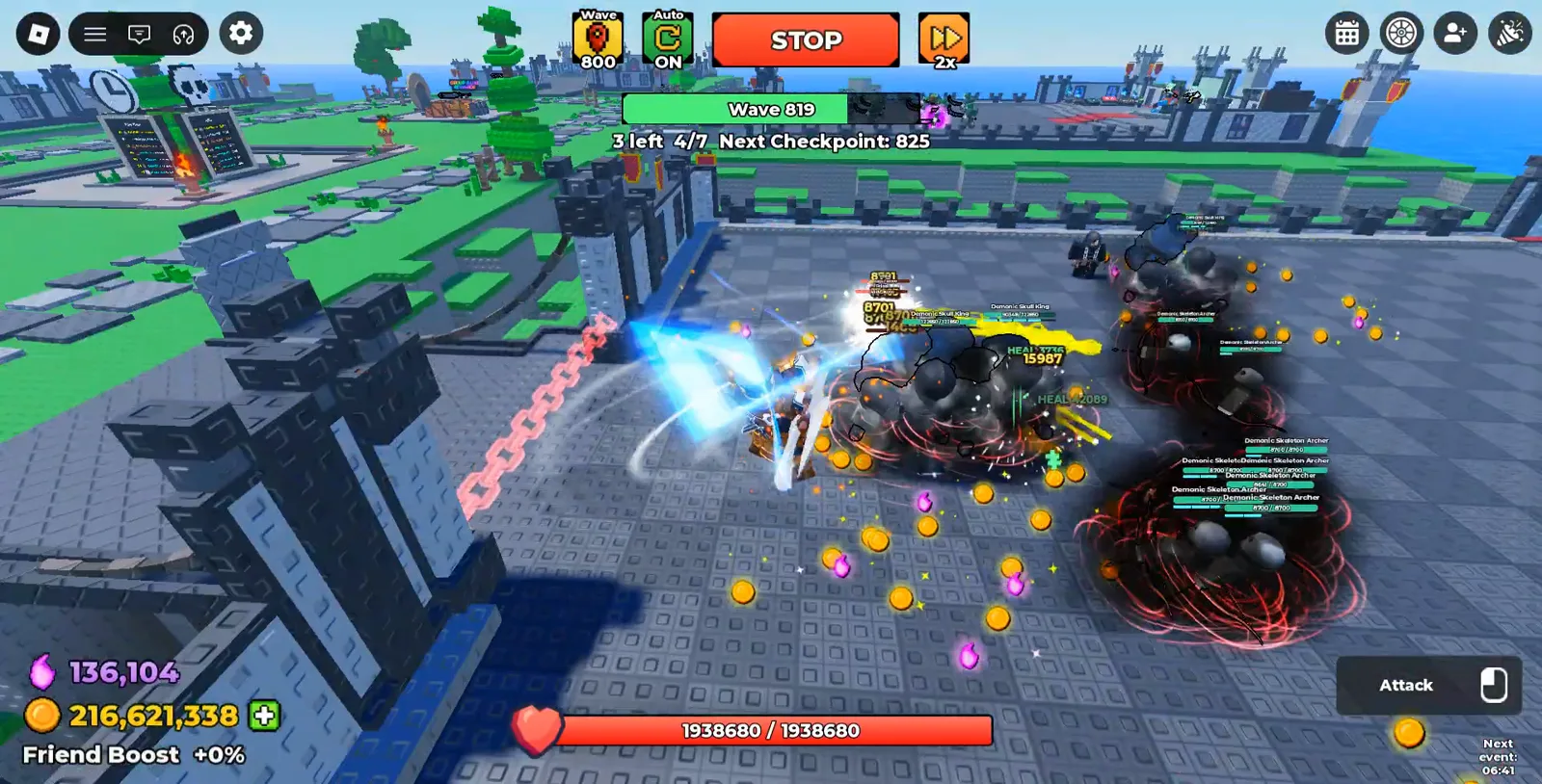 Be The Final Boss wave 819 fight where 8701 damage ticks and a 15987 HEAL tick stack over a cluster of Demonic Skull King nameplates Be The Final Boss wave 819 fight where 8701 damage ticks and a 15987 HEAL tick stack over a cluster of Demonic Skull King nameplates