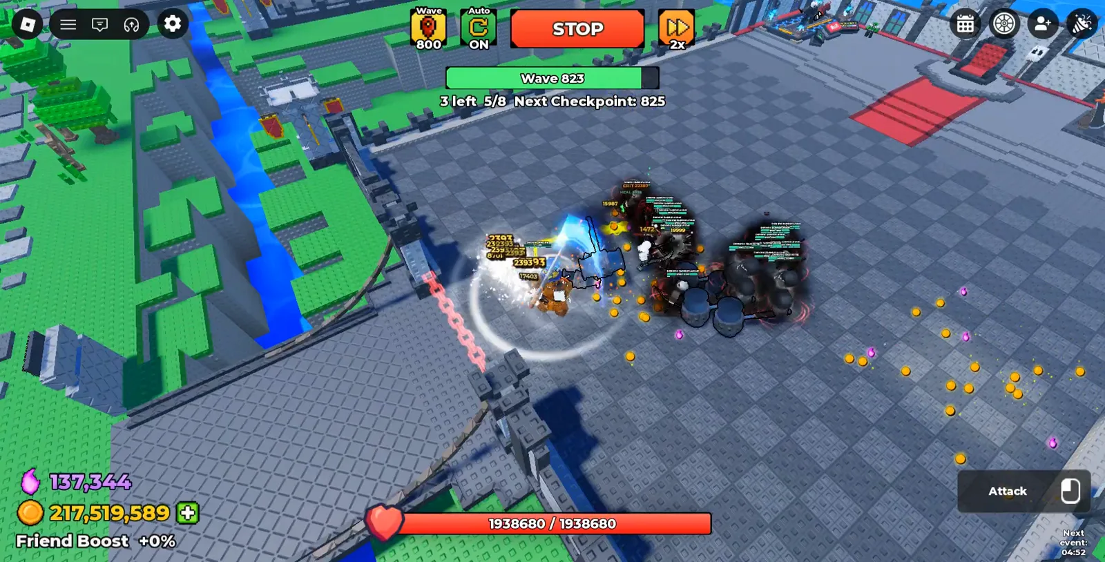 Be The Final Boss deep-run HUD at wave 823 showing 1938680 of 1938680 castle health, 137,344 souls and 217,519,589 coins Be The Final Boss deep-run HUD at wave 823 showing 1938680 of 1938680 castle health, 137,344 souls and 217,519,589 coins