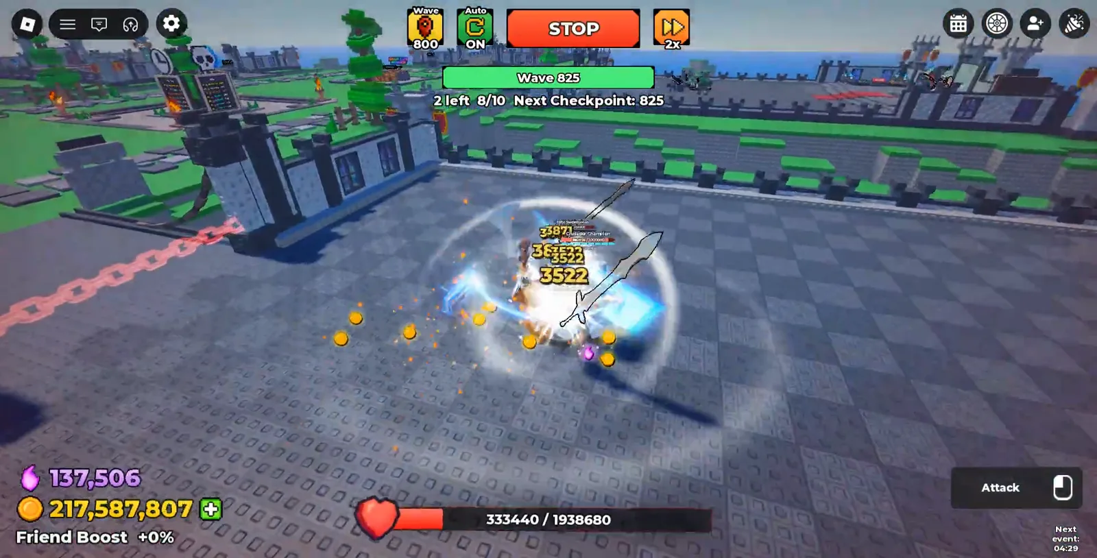 Be The Final Boss wave 825 with the castle health bar down to 333440 of 1938680 and 3522 damage ticks landing beside the castle Be The Final Boss wave 825 with the castle health bar down to 333440 of 1938680 and 3522 damage ticks landing beside the castle