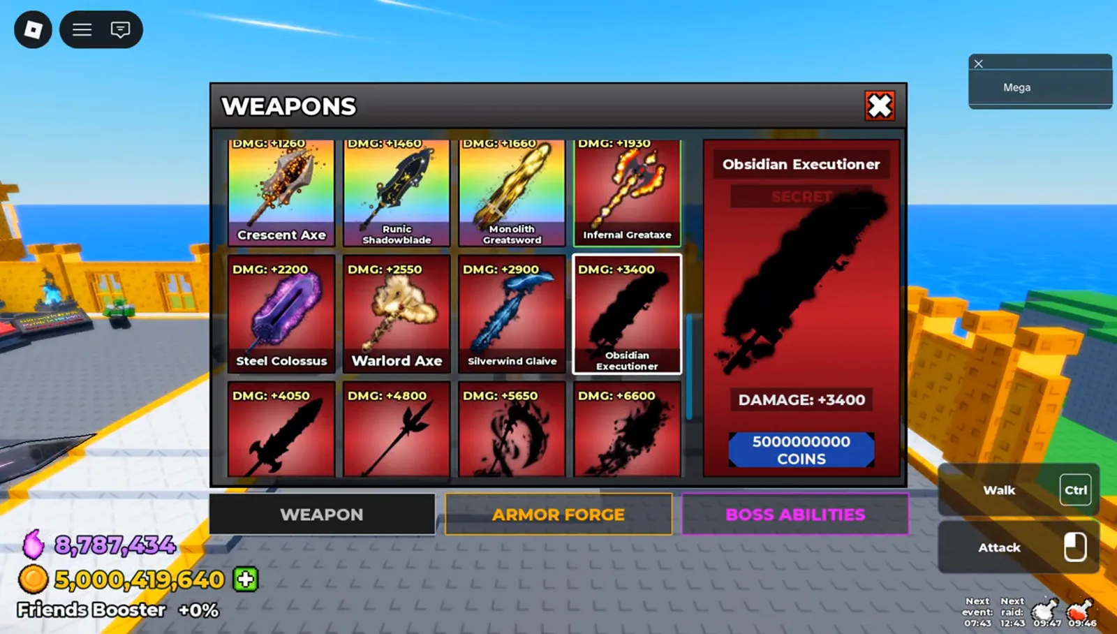 How much the Obsidian Executioner costs in Be The Final Boss: a blue 5000000000 COINS button under DAMAGE +3400 on its SECRET detail card, with the bank still reading 5,000,419,640 Coins and four nameless black silhouettes at DMG +4050 to +6600 beside it