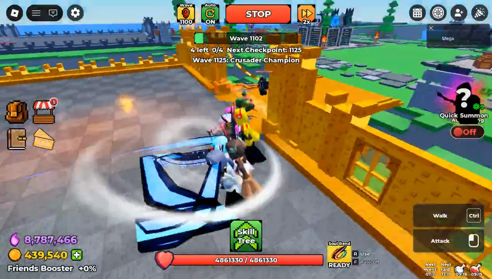 Be The Final Boss wave 1102 castle defence with the purchased Obsidian Executioner sweeping a wide blue arc across the courtyard while the banner warns Wave 1125: Crusader Champion and the Soul Rend ability slot reads READY