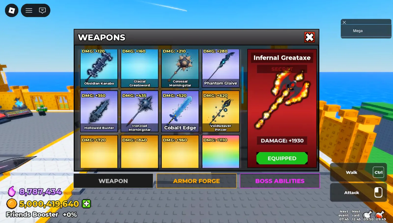 Scrolling one page further down in Be The Final Boss shows the Hollowed Buster at DMG +350, Ironclad Morningstar at DMG +435 and Cobalt Edge at DMG +520, with the Infernal Greataxe detail card reading SECRET and DAMAGE +1930 beside a green EQUIPPED button